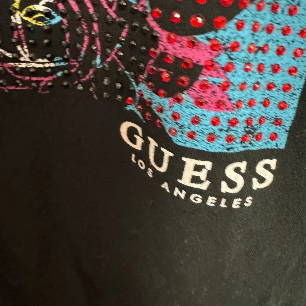 Guess Unisex Black Tee - shirt Floral Roses Rhinestones Size XL - Picture 5 of 7